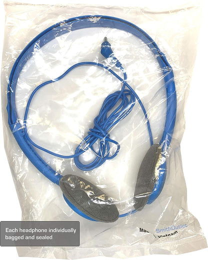 Packaged SmithOutlet blue headphones ready for educational distribution