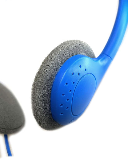Close-up view of the blue headphone's soft foam ear cushions