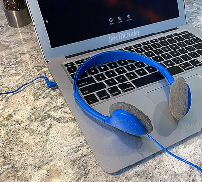 Blue headphones with durable design for schools and libraries