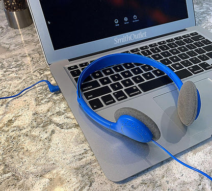 Side view of the blue headphones highlighting the adjustable headband