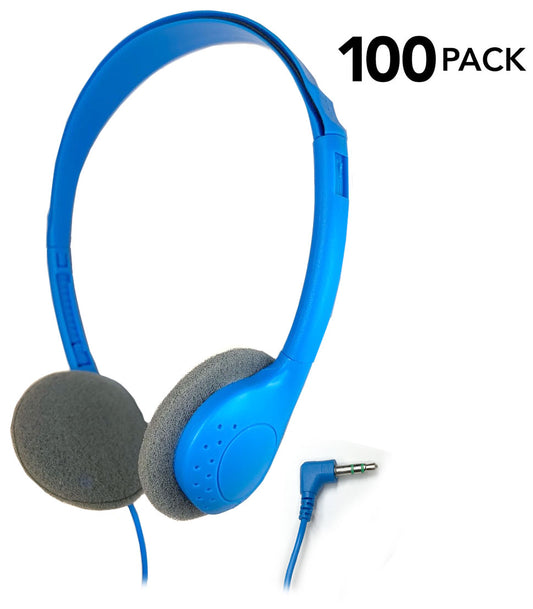 Bulk pack of 100 blue classroom headphones for educational use