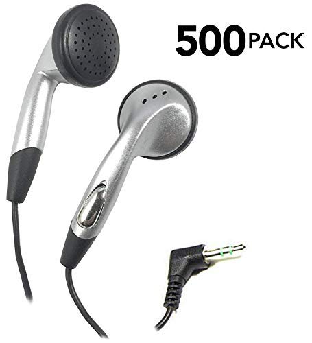 SmithOutlet 500-Pack Bulk Earbuds for Schools, Students, Classrooms - Individually Packaged - 3.5mm Wired Plug - Part SG-ID8-500 - Silver