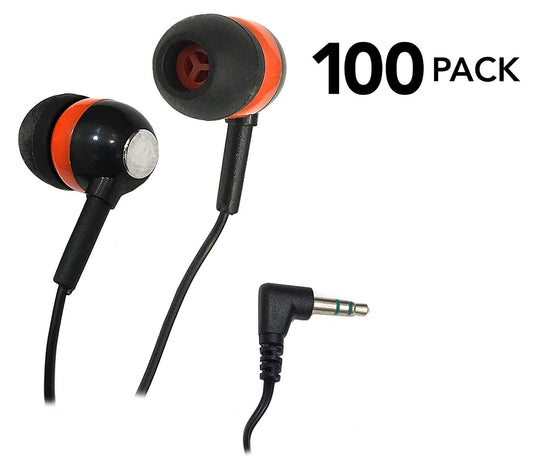 Close-up of orange/black/chrome earbud showing silicone tip for comfort