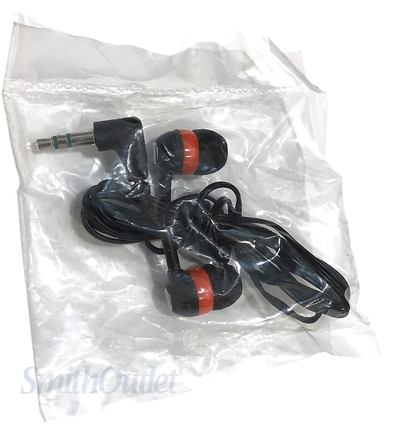 Individually packaged orange/black/chrome earbuds ready for distribution