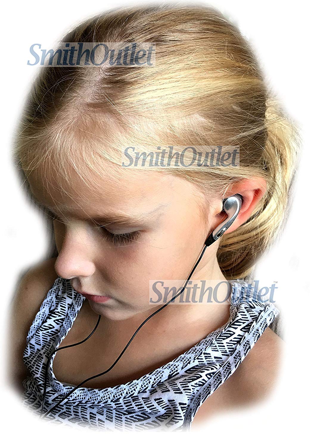 "Close-up of silver in-ear earphone showing detail and quality