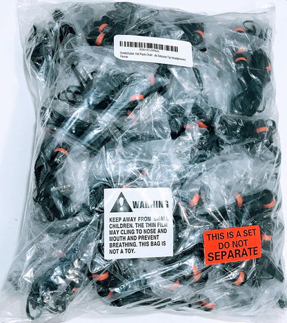Bulk pack of 100 orange/black/chrome earbuds with silicone tips for classrooms